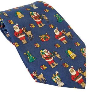 Lands End Christmas Silk Necktie Tie Santa Claus Reindeer Novelty Ugly Sweater